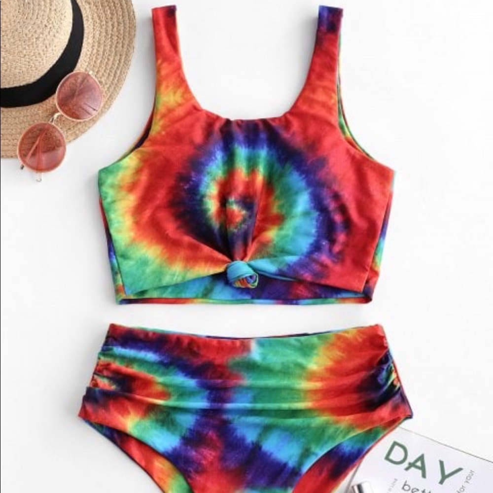 ZAFUL Knot Ruched Rainbow Tie Dye Tankini Swimsuit